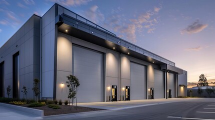 Modern warehouse building with clean lines and large doors, captured in the soft, diffused light of evening