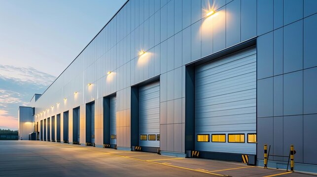Modern warehouse building with clean lines and large doors, captured in the soft, diffused light of evening