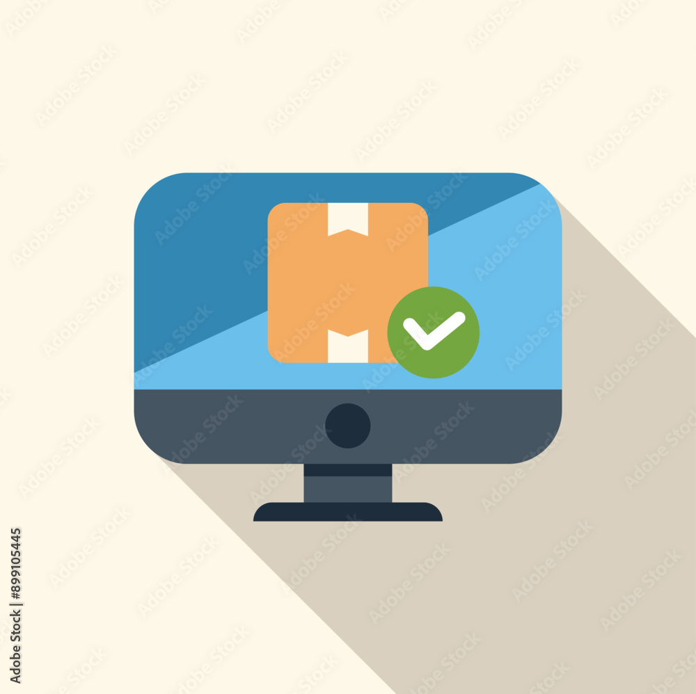 Poster cardboard box displayed on a computer screen with a green check mark, symbolizing successful online 