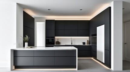 A sleek kitchen interior embodying a minimalist concept, where the harmonious blend of dark gray and white hues creates a sense of balance and sophistication, with the dark gray tone applied to the ca