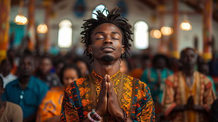 Obraz premium Young Man in Colorful Attire Praying in Church 