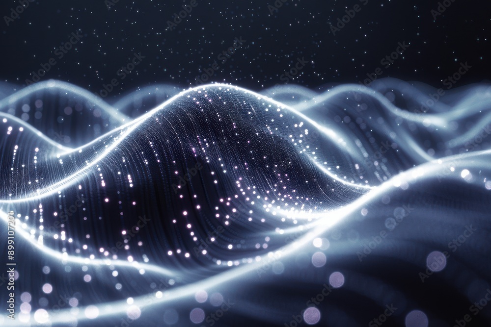 Poster a mesmerizing image showcasing a digital waveform with flowing curves, dotted with sparkling particl