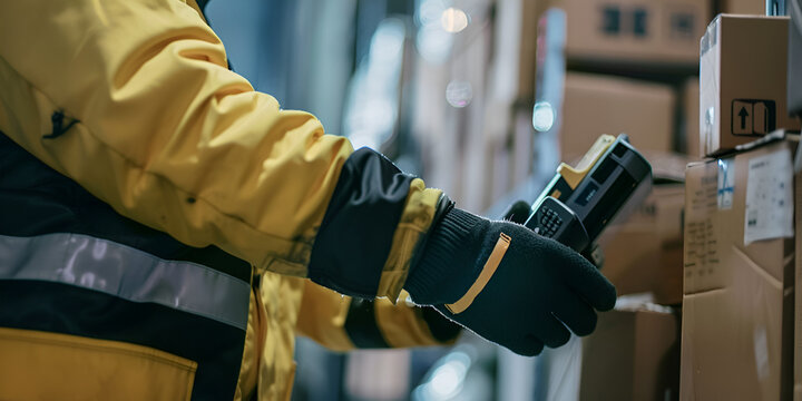 "Warehouse Worker Scanning Packages for Inventory Management, Logistics Expert Using Handheld Device in Distribution Center"


