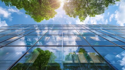 Modern office building glass facade with reflections of a blue sky and green trees, in the eco-friendly architectural concept