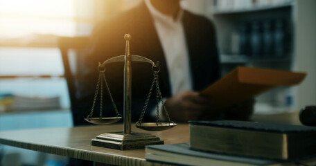 Judge gavel with Justice lawyers having team meeting at law firm background. Concepts of Law and Legal services.