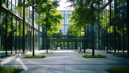 Beautiful modern architecture with glass and concrete, green trees in the courtyard of an office building