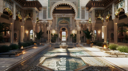 Obraz premium Ornate courtyard with intricate arches and a central pool, capturing the beauty of Islamic architecture.