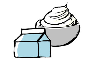 筆タッチのボウルに入ったホイップクリームとパックのイラストセット