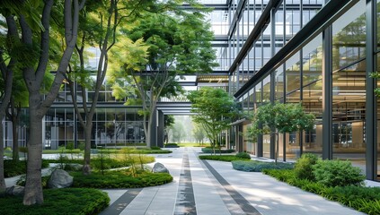 Modern office building exterior with glass walls and green trees, courtyard landscape design