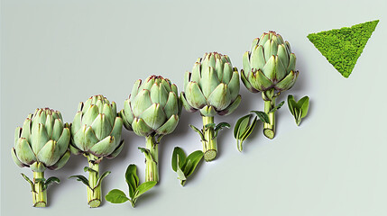 A creative arrangement of artichokes and their stems forms an upward-pointing arrow, symbolizing growth. The light blue background highlights the vibrant green hues of the artichokes.