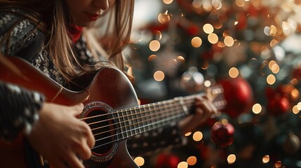 Fototapeta premium Woman Playing Guitar in Festive Christmas Setting with Bokeh Lights in Background