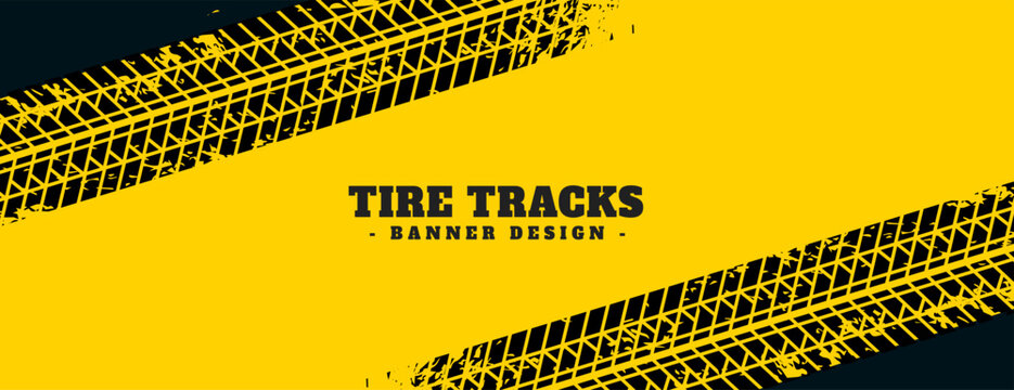 abstract tire tracks mark yellow banner in grungy style