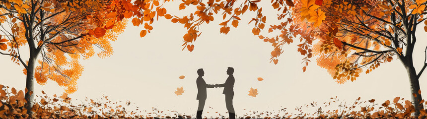 Two men stand in silhouette against a background of orange leaves, symbolizing partnership, change, collaboration, nature, and autumn.