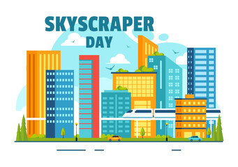 Skyscraper Day Vector Illustration on September 3rd featuring City Infrastructure, Public Spaces, City Buildings, and Skyscrapers in a Flat Background