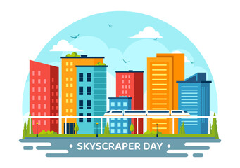 Obraz premium Skyscraper Day Vector Illustration on September 3rd featuring City Infrastructure, Public Spaces, City Buildings, and Skyscrapers in a Flat Background