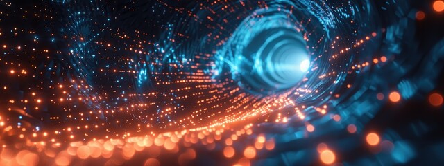 Fototapeta premium Abstract Futuristic Tunnel with Glowing Blue and Orange Particles