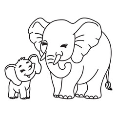 Line art of baby elephant smiling to mother elephant cartoon vector