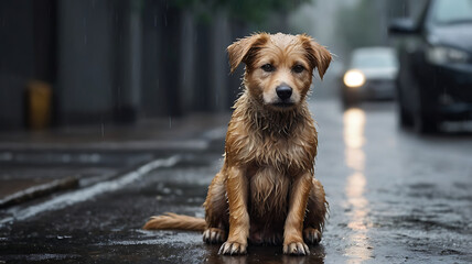 A Stray homeless dog Sad abandoned puppy sitting alone in the street under rain. Dirty wet dog, wet road
