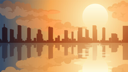 Landscape illustration of city in summer with sea reflection