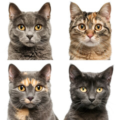 Four different cats facing forward isolated on white and transparent background