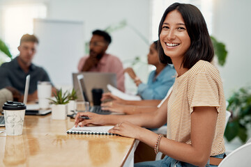 Portrait, woman and smile in office for meeting, team or development for project at desk. Happy, confidence and designer or people in creative agency for planning, small business and support or group