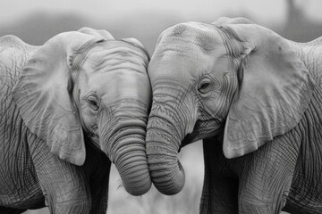 Majestic Elephants Embracing Trunks in the Serene Wilderness A Symbol of Harmony and Connection