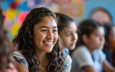 Obraz premium A young woman, her heart filled with a love of learning, instills in her students a thirst for knowledge and a passion for exploring the world around them