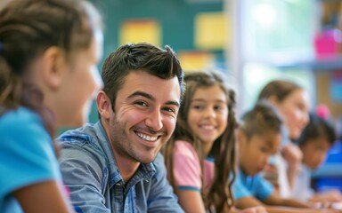 Fototapeta premium A male teacher, his eyes twinkling with mischief, injects humor into his lessons, making learning fun and memorable for his students