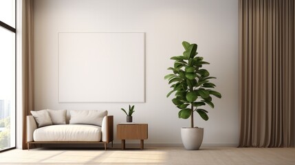 A minimalist room decoration with leafy plants in decorative pots contrasting with the white walls. with light brown curtains This model offers a tranquil atmosphere. Interior design inspiration