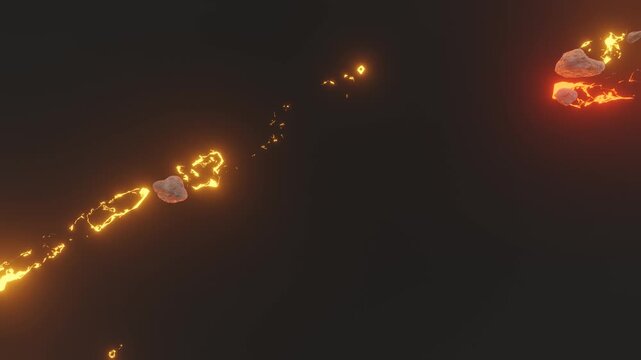Motion of Space meteor, comet or asteroid with fire trail. flaming anthracite rocks.Galaxy and astronomy science animation Realistic 3d  illustration