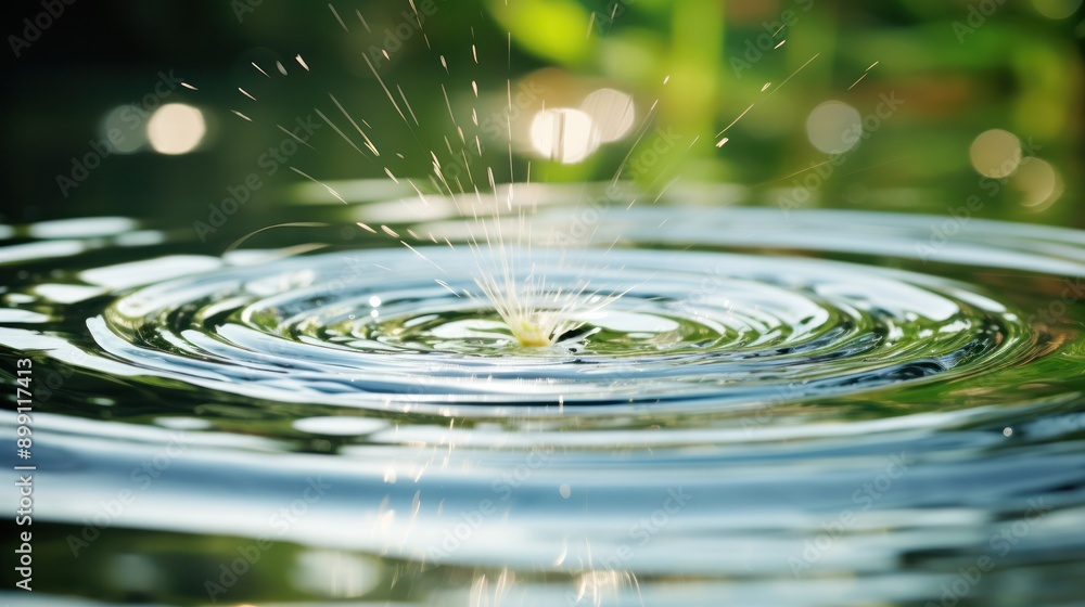 Poster high-speed capture of a clear water drop causing ripples in a still pond