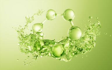 Molecule and flowing water liquid background, 3d rendering.