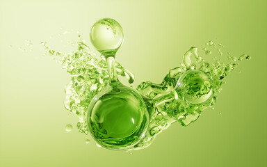 Molecule and flowing water liquid background, 3d rendering.