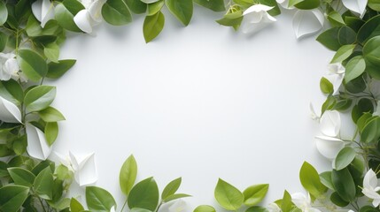 Fototapeta premium Artistic flat lay design with fresh green leaves forming a border around a clean white square frame, showcasing contrast between nature and minimalism