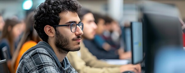 Focused student working on computer in a busy classroom environment, showcasing collaboration and technology in education.