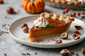 a slice of pumpkin pie on a plate with a pumpkin latte and whipped cream on a grey background