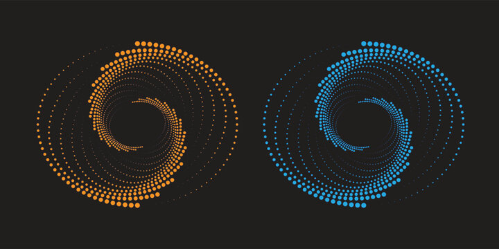 Halftone circular dotted frames set. Circle dots texture isolated on whte background. Spotted spray texture. Vector abstract design element spiral circle sound wave vector logo concept dots arts