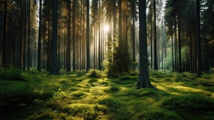 Fototapeta premium A peaceful scene of a vibrant spruce forest, showcasing the rich green colors of the trees under a bright sun, with dappled light filtering through the foliage.