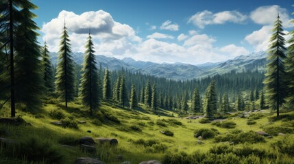 A peaceful scene of a vibrant spruce forest, showcasing the rich green colors of the trees under a bright sun, with dappled light filtering through the foliage.