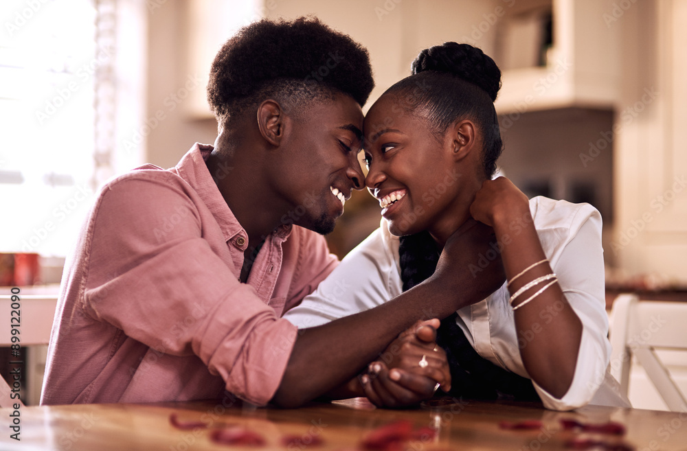 Poster Black couple, happy and affection in home with love, marriage and hand connection for valentines day. African man, woman and bonding for healthy relationship, care and romantic celebration in kitchen