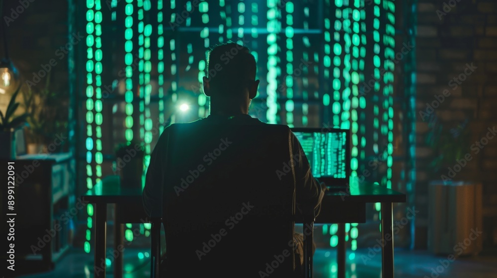 Poster a silhouette of a hacker working on a laptop in a dimly lit room, illuminated by green code streamin