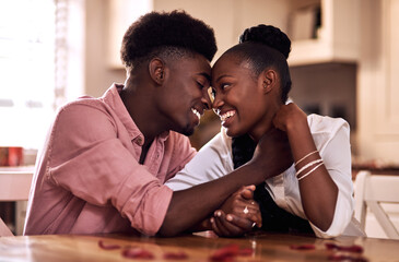 Black couple, happy and affection in home with love, marriage and hand connection for valentines day. African man, woman and bonding for healthy relationship, care and romantic celebration in kitchen