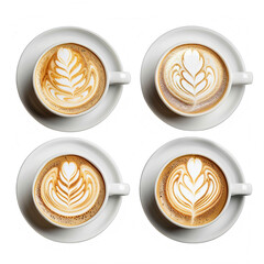 Cups of coffee set with latte art design of a leaf like pattern isolated on a white and transparent background