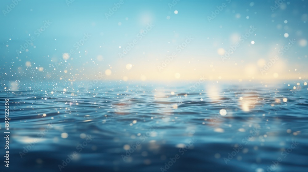 Poster calm sea view with a blurred effect, featuring sparkling bokeh lights dancing on the water's surface