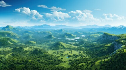 Aerial view of lush green forests under a clear blue sky
