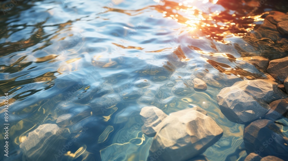 Poster calm sea view with a blurred effect, featuring sparkling bokeh lights dancing on the water's surface