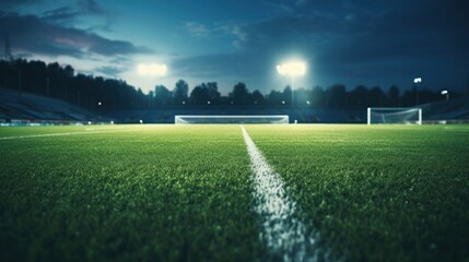 Close-up view of a soccer field at dusk, with the focus on the vibrant green grass and the surrounding floodlit stands