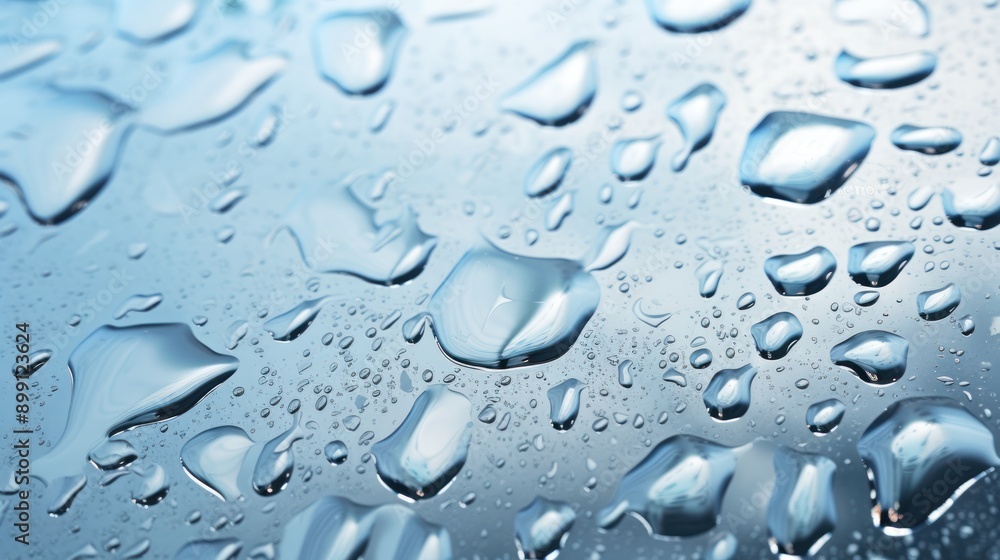 Poster droplets of water cascading down a glass surface, creating a mesmerizing pattern of ripples and refl