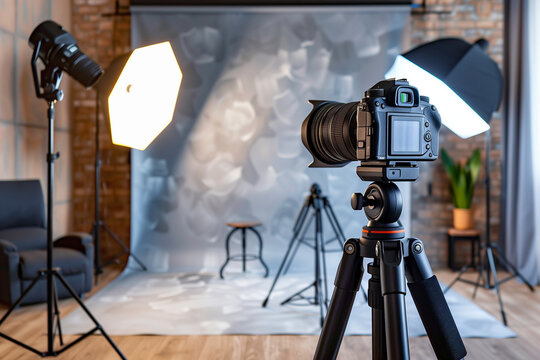 A photography studio setup with a professional camera