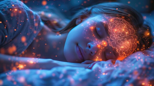 A serene figure sleeping with a glowing brain overlay, representing deep biochemistry interactions during REM sleep, pastel colors
